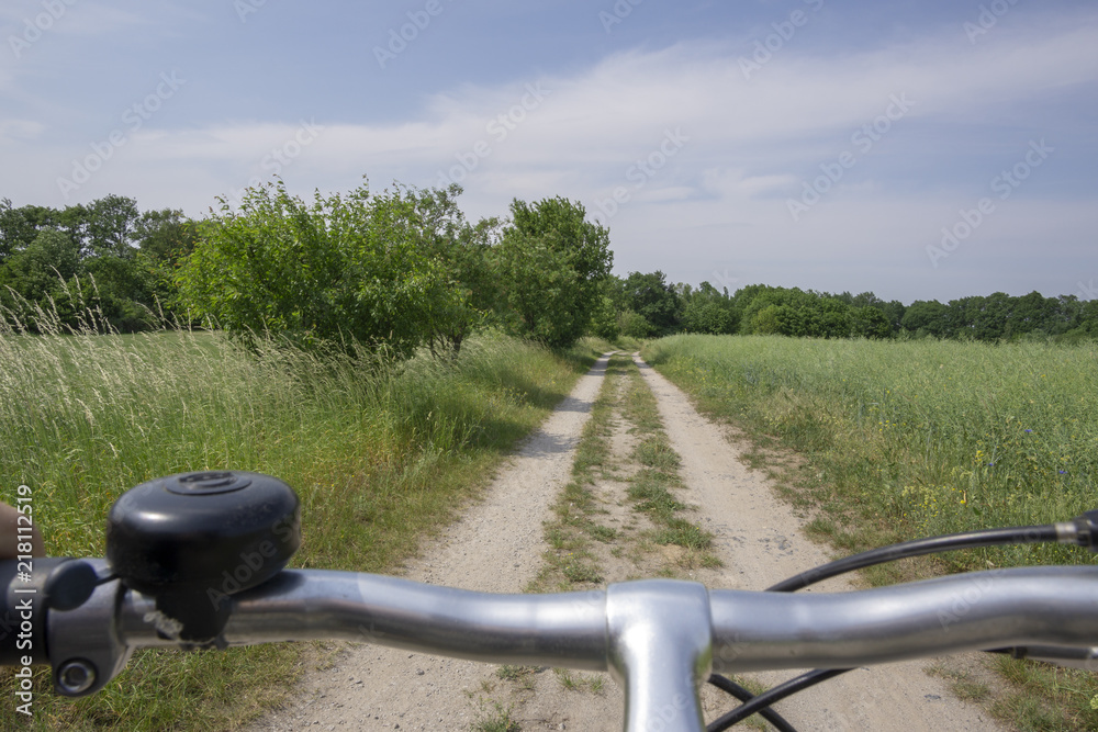 Bicycle handlebar, dirt road Bicycle handlebar, dirt road