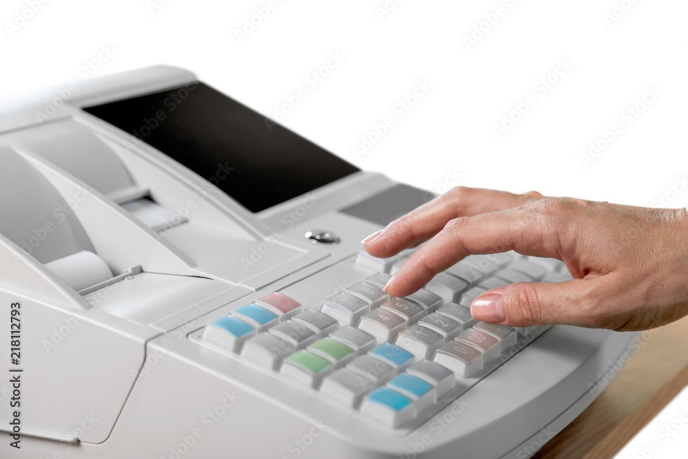 Close-up of Cashier Using Cash Register