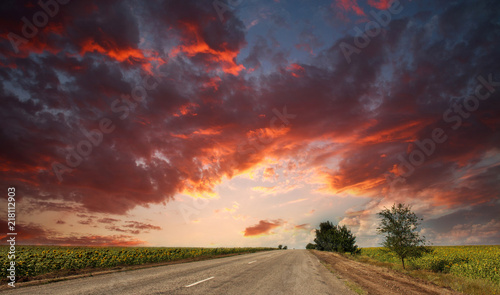 Country asphalt road leaving into the dramatic sunset sky
