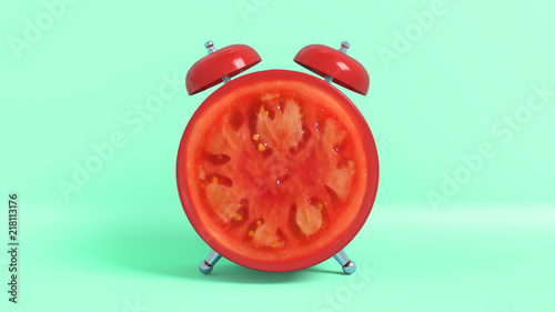 Réveille matin vintage en forme de tomate. Concept illustrant qu'il est l'heure de prendre ses vitamines. Rendu 3D.
