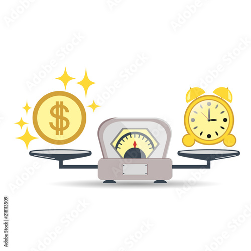 Time is money. Business concept. Balance time and money on the scales. Vector illustration.