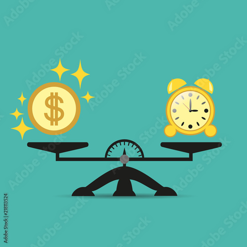 Time is money. Business concept. Balance time and money on the scales. Vector illustration. photo