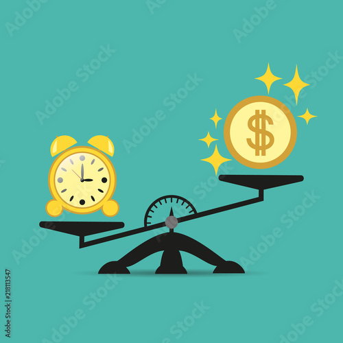 Time and money on the scales, business success. Vector concept. Time is expensive. Illustration for your projects.