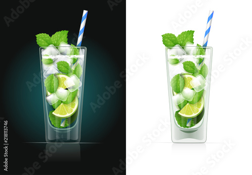 Mojito glass with pipe. Alcohol cocktail. Alcoholic classic
