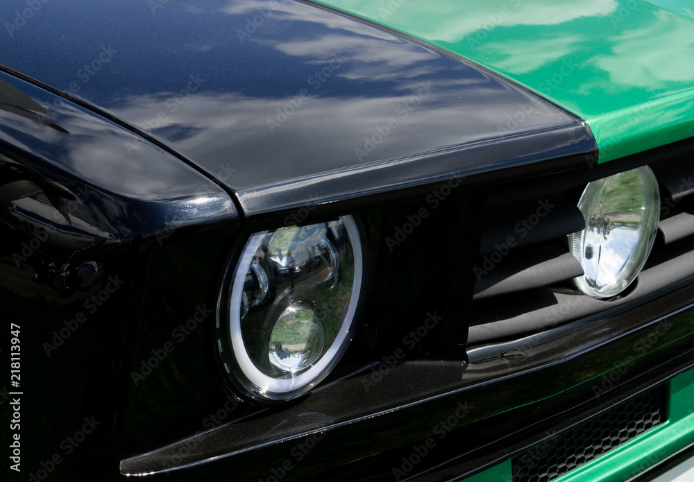 black green retro car hood and headlight
