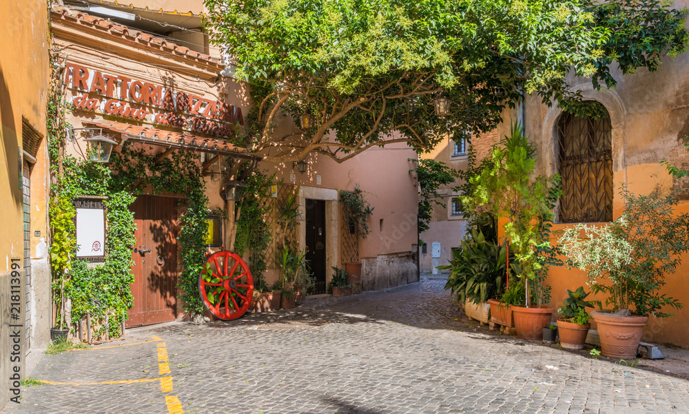 The pictiresque Rione Trastevere on a summer morning, in Rome, Italy. - obrazy, fototapety, plakaty 