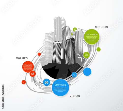 Vector template with colorful circles and Mission, Vision and Values diagram with skyscrapers.