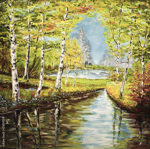 Fototapete Gemälde - Fototapete Gemälde Birken am Fluss