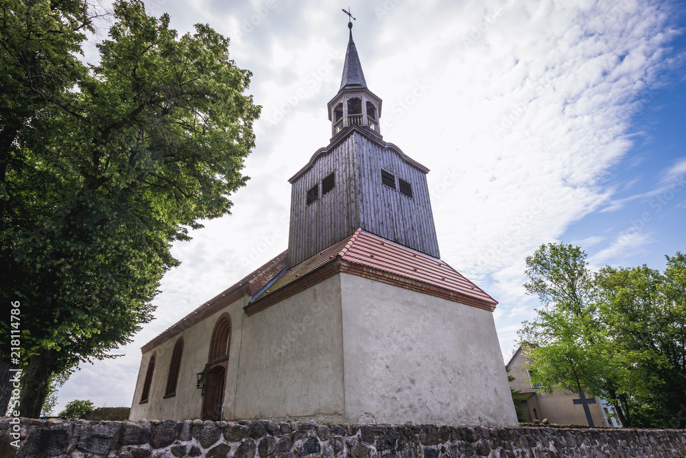 Naklejka premium Small church with wooden tower in Mescherin, Brandenburg in Germany