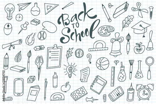 Back to shool design elements. Hand drawn clipart with supplies. Doodle vector illustration