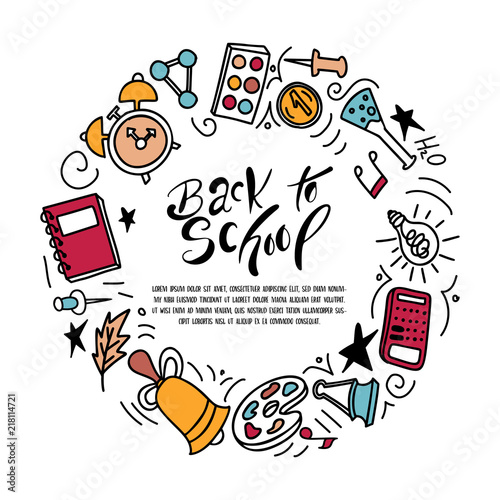 Back to shool design elements. Hand drawn clipart with supplies. Doodle vector illustration