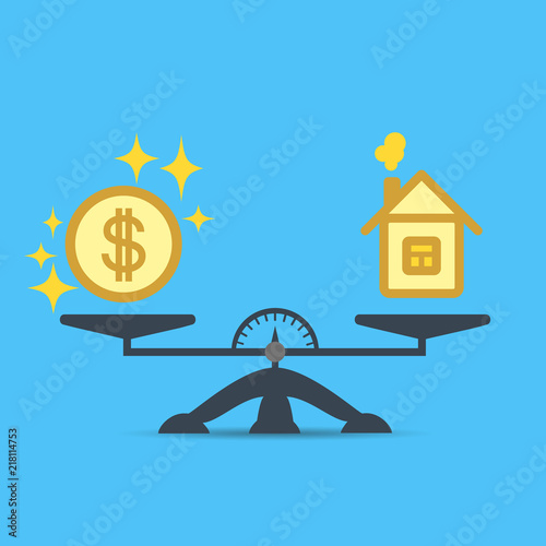 A dollar coin and a house on the scales. Money and house scales icon. Real estate, rent, expenses, liabilities and mortgage concept. Money and balance at home on the scale of the concept. Estate sale.