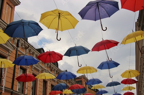 Colorful umbrellas in the sky. Seen in the pedestrian zone of Banja Luka, Bosnia and Herzegovina. South-east Europe.