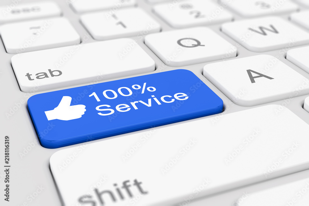 Computer-Tastatur mit einer blauen Taste und der Aufschrift 100% Service Computer-Tastatur mit einer blauen Taste und der Aufschrift 100% Service