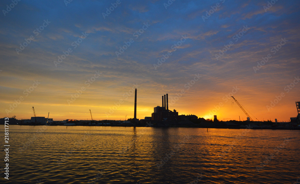 Powerplant in Copenhagen, Denmark, in front of an amazing burning sunset.