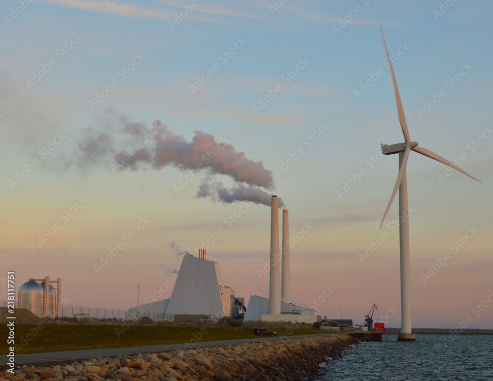 Power plant and windmill on the sea-shore of Denmark
