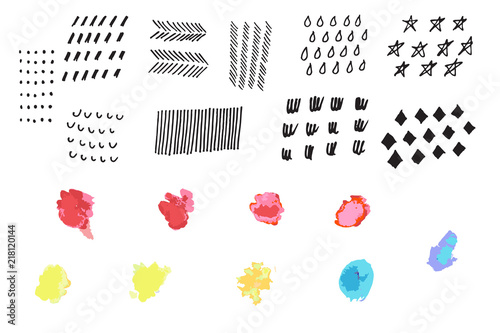 Hand drawn set of elements. A business chump. Hand drawn sketch. Signs and ink stains and paint isolated on white background. Vector illustration.