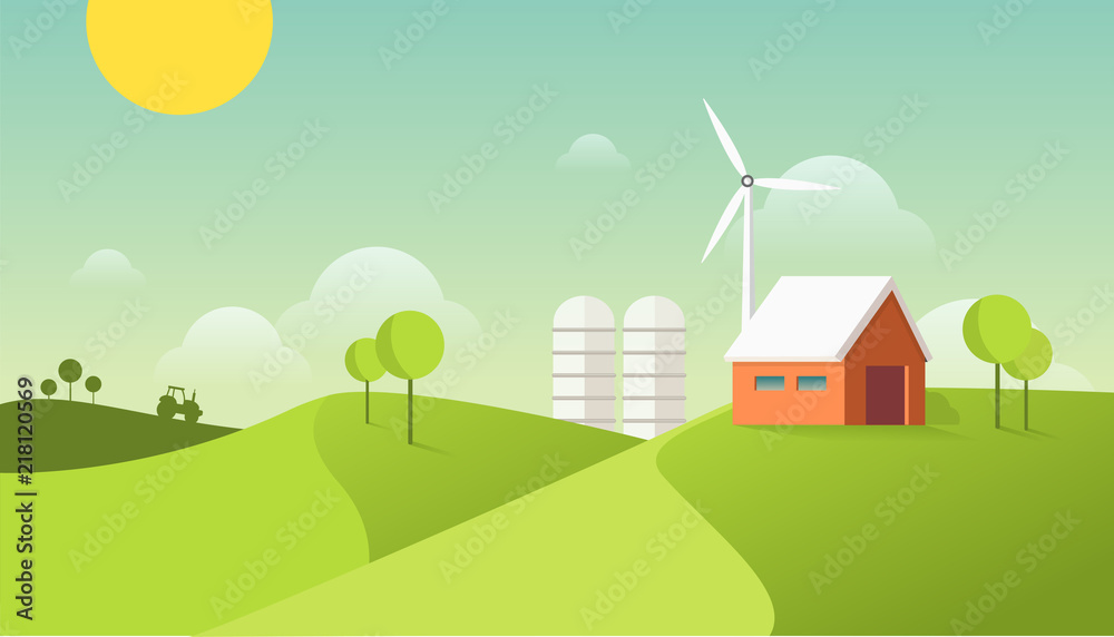 Eco village illustration. Organic farming concept. Modern flat design style. Barn house on the field with windmill and tractor.