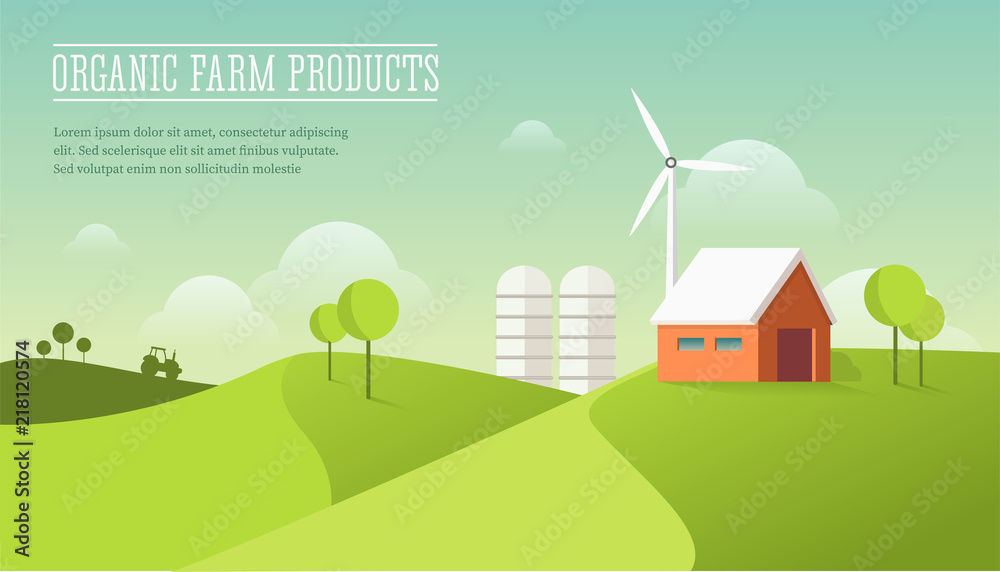 Naklejka premium Eco village illustration. Organic farming concept. Modern flat design style. Barn house on the field with windmill and tractor.