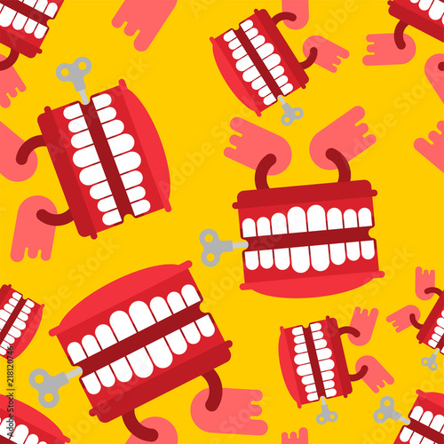 Chatter teeth toy pattern seamless. April Fools Day ornament. Jaw toy background vector