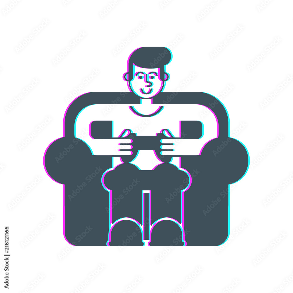Gamer on chair Glitch Effect. Guy and video game. Boy and joystick. Cibersport Vector illustration Gamer on chair Glitch Effect. Guy and video game. Boy and joystick. Cibersport Vector illustration