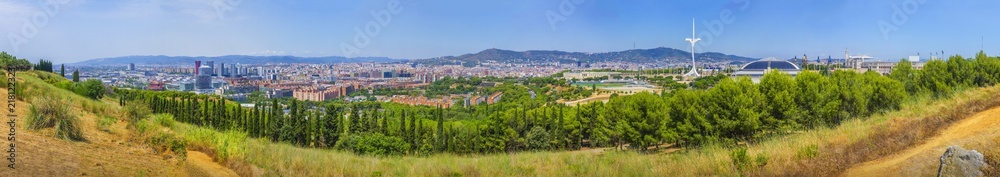 Large panorama of Barcelona – beautiful view from Montjuic mountain to Fira, Sants, Olympic buildings
