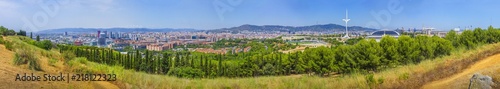 Large panorama of Barcelona – beautiful view from Montjuic mountain to Fira, Sants, Olympic buildings