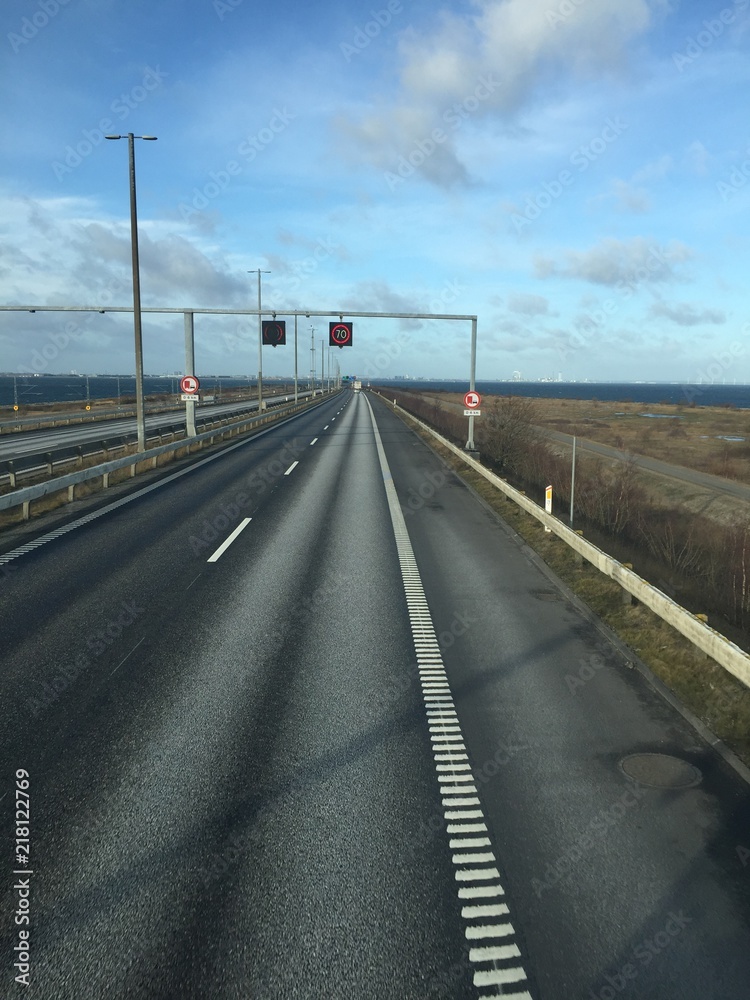 The Oresund bridge between Denmark and Sweden. Driving from Sweden to Denmark.  Bridge on the sea ,architecture landscape in sweden