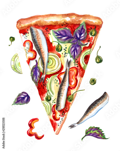 Pizza with anchovies, onions, capers and basil, watercolor drawing on a white background, isolated with clipping path. Traditional Italian food.