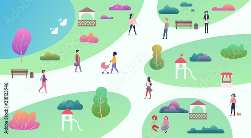 Top map view of various people at park walking and performing leisure outdoor sport activities. City park with lake vector illustration.