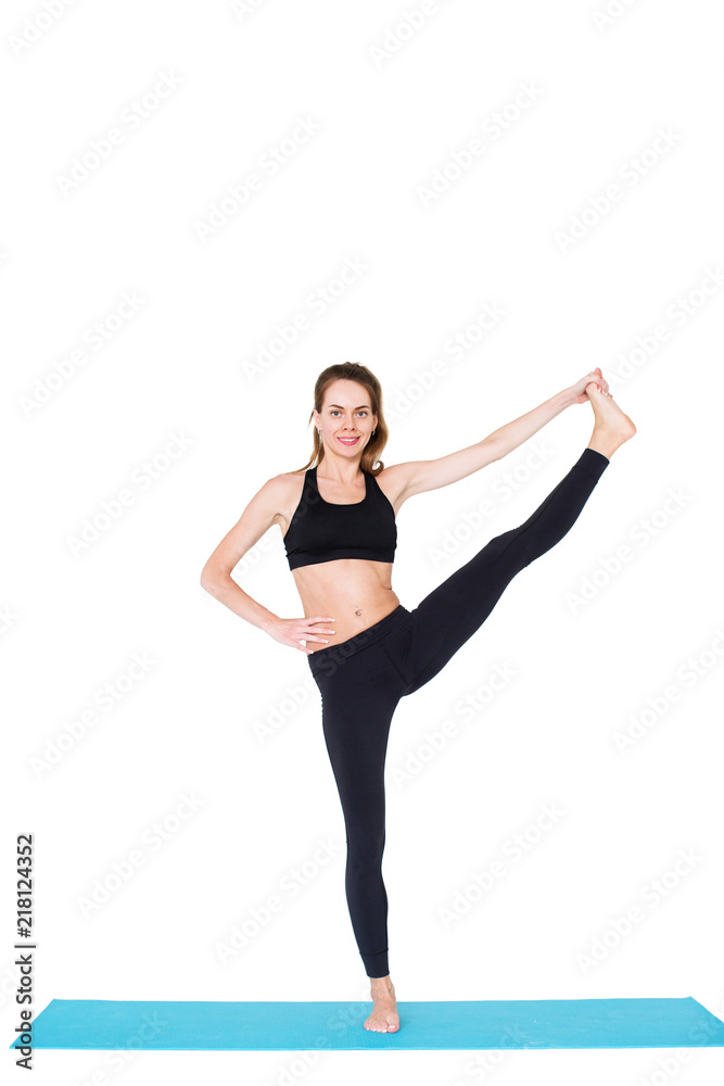 Woman stretching her left leg