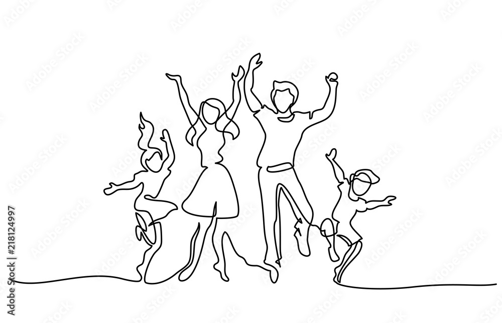Continuous one line drawing. Happy family mother and father dancing with children. Vector illustration. Concept for logo, card, banner, poster, flyer