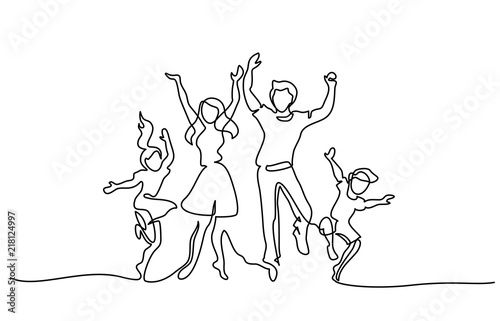 Continuous one line drawing. Happy family mother and father dancing with children. Vector illustration. Concept for logo, card, banner, poster, flyer