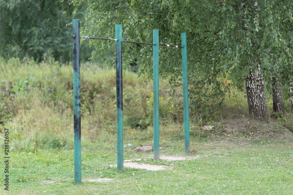 horizontal bar on the outdoor gym . Birch Trees and grass around horizontal bar on the outdoor gym . Birch Trees and grass around