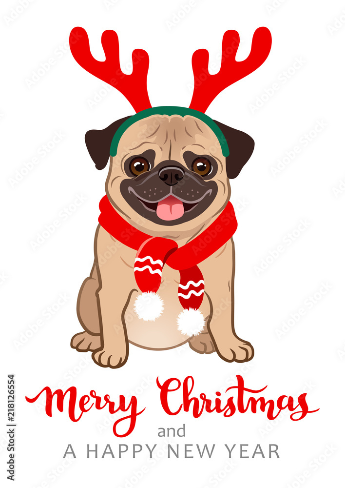 Christmas pug dog cartoon illustration. Cute friendly fat chubby fawn  sitting pug puppy, smiling with tongue out, wearing red scarf and antlers.  Pets, dog lovers, animal themed Christmas greeting card Stock Vector |