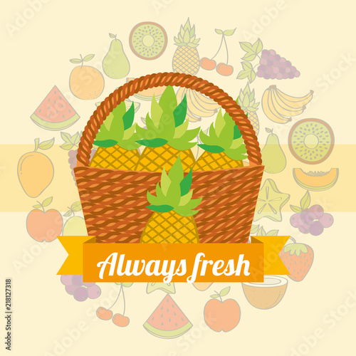label wicker basket with always fresh pineapple