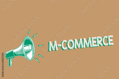 Conceptual hand writing showing M Commerce. Business photo showcasing commercial transactions conducted electronically by mobile phone Megaphone brown background important message speaking loud. photo