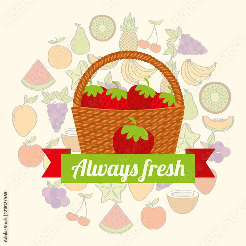 label wicker basket with always fresh strawberry