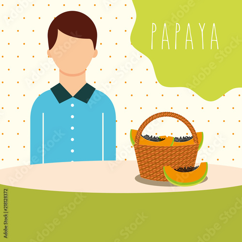 man with wicker basket filled fruit papaya