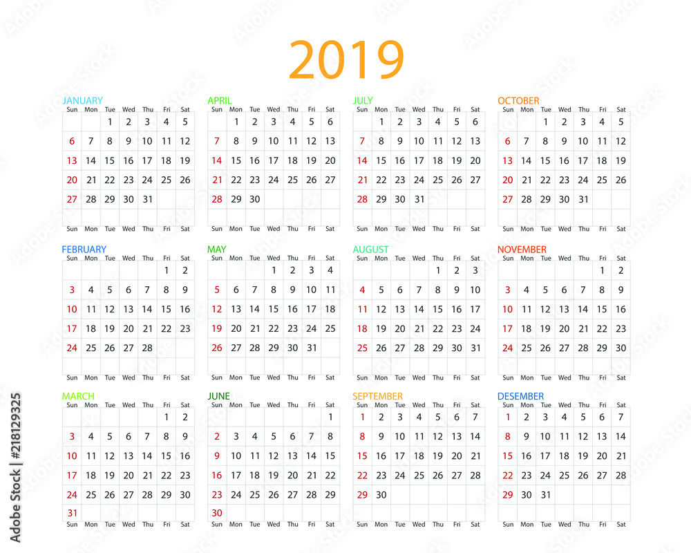 Calendar 2019. A simple annual calendar with months and dates over a white background. The week starts on Sunday. Calendar 2019. A simple annual calendar with months and dates over a white background. The week starts on Sunday.