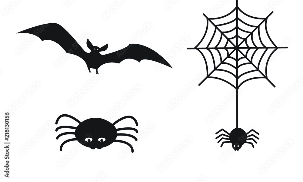 set of Halloween icon symbols, spider hanging from web, spooky vampire bat  and stylized cute black spider, isolated on white background, simple flat  cartoon vector illustration vector de Stock | Adobe Stock