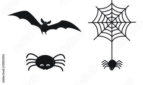 set of Halloween icon symbols, spider hanging from web, spooky vampire bat and stylized cute black spider, isolated on white background, simple flat cartoon vector illustration