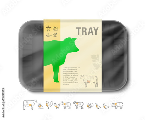 Mockup template polystyrene tray container with strip. Vector illustration with icons elements isolated on white background. Ready for your design. EPS10.