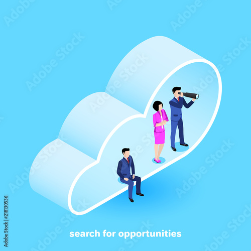 isometric image, people in business suits from the cloud are looking to the distance looking for new opportunities