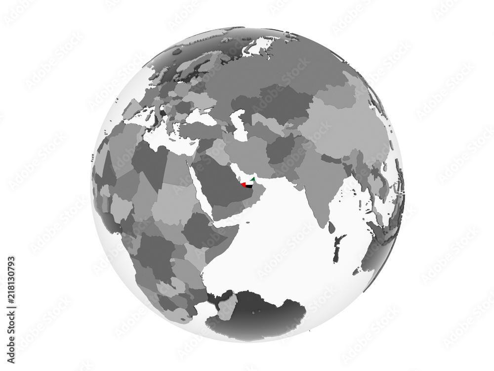 United Arab Emirates with flag on globe isolated United Arab Emirates with flag on globe isolated