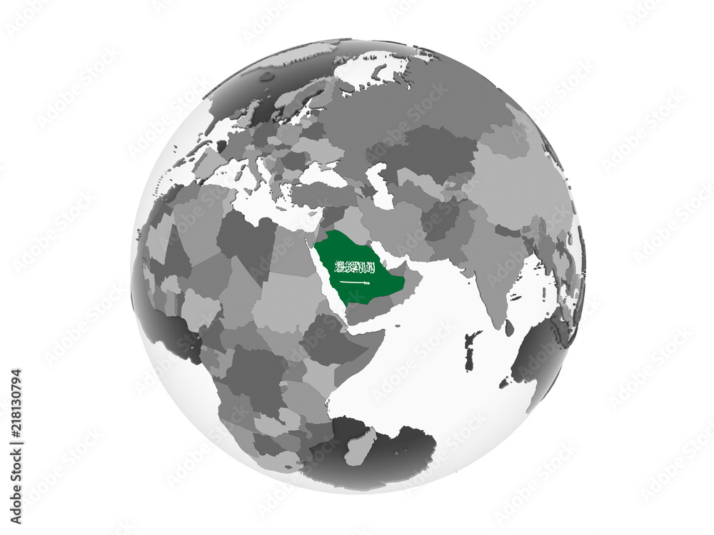 Obraz premium Saudi Arabia with flag on globe isolated