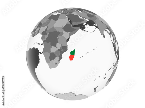 Madagascar with flag on globe isolated