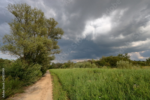 Ciemne, skłębione chmury na niebie nad łąką, drzewami, polną drogą