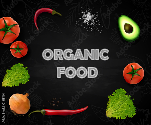 Realistic vector Vegetables with concept logo for Organic Shop on black background