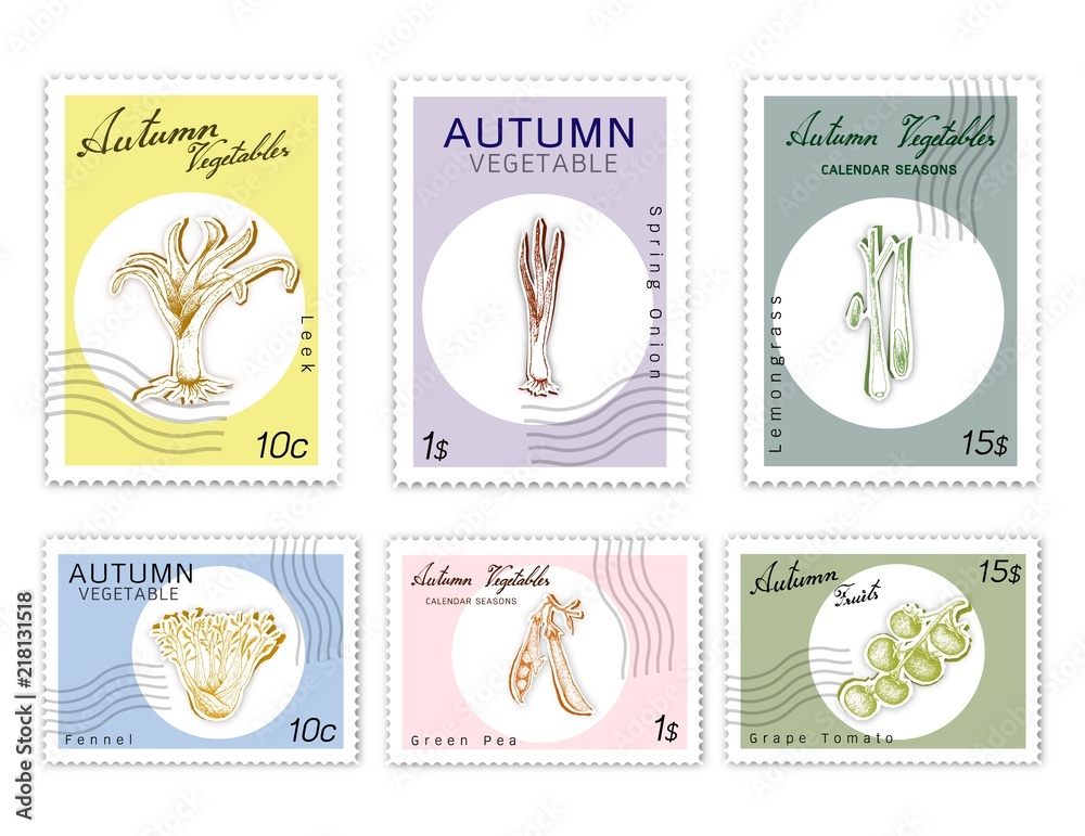 Autumn Vegetables, Post Stamps Set of Hand Drawn Sketch Fennel, Lemongrass, Kurrat or Broadleaf Wild Leek, Spring Onion, Green Pea and Grape Tomatoes in Trendy Origami Deep Paper Art Carving Style. 